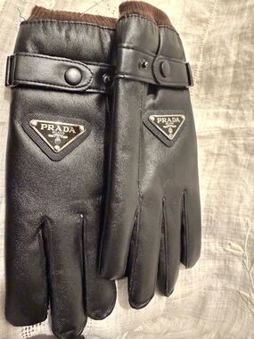 Prada Black Leather Gloves with Brown Knit Cuff and Triangle Logo